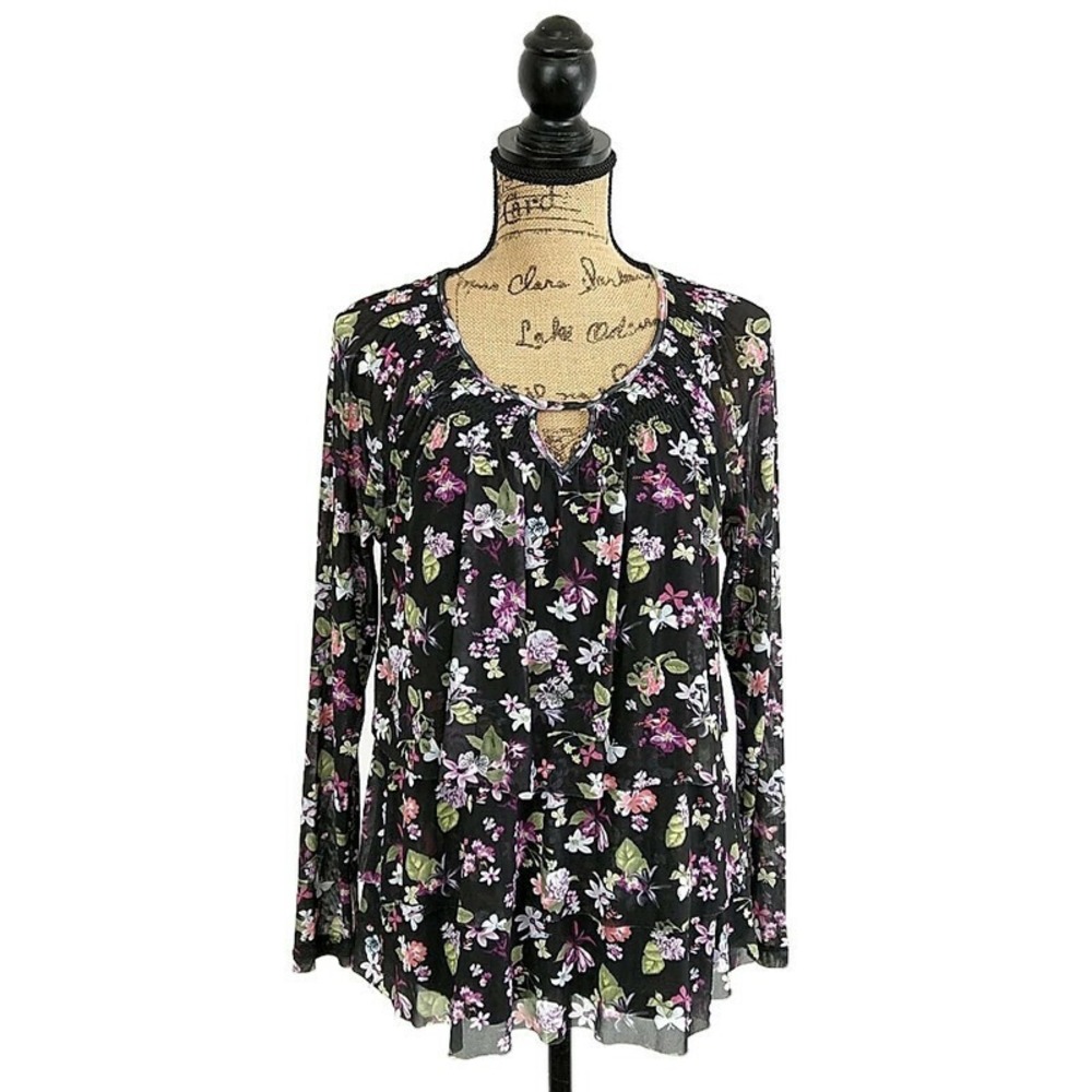Christopher & Banks Black Floral Peasant Blouse Tie Neck Boho Mesh Layer sz S